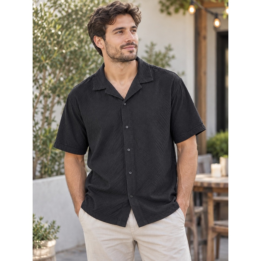 Abercrombie & Fitch Mens XL Charcoal Grey Textured Cotton Camp Collar Shirt